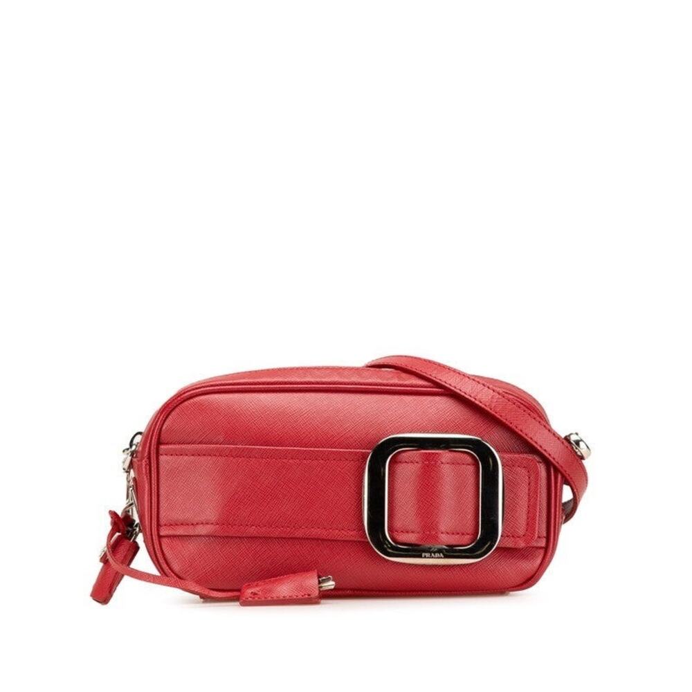 Prada Triangle Logo Plate Camera Bag Saffiano Leather Shoulder Bag Red